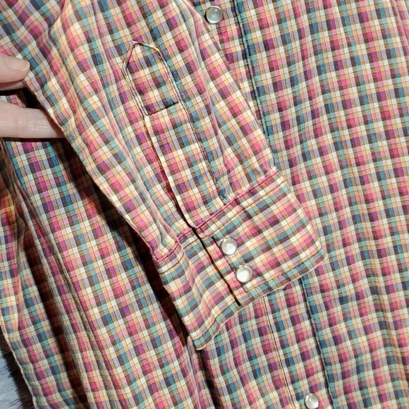 Wrancher Sz L Ladies Multi-color Plaid Pearl Snap Western Blouse Shirt Muted - Picture 5 of 8